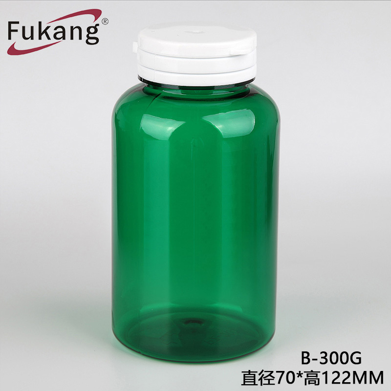 300cc PET透明綠色藥丸瓶，帶白色撕下蓋，PET塑料醫用圓形瓶