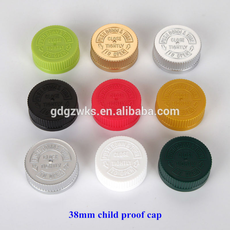 塑料38毫米gloden彩色PP CRC盖，38毫米儿童塑料耐药品盖，塑料瓶